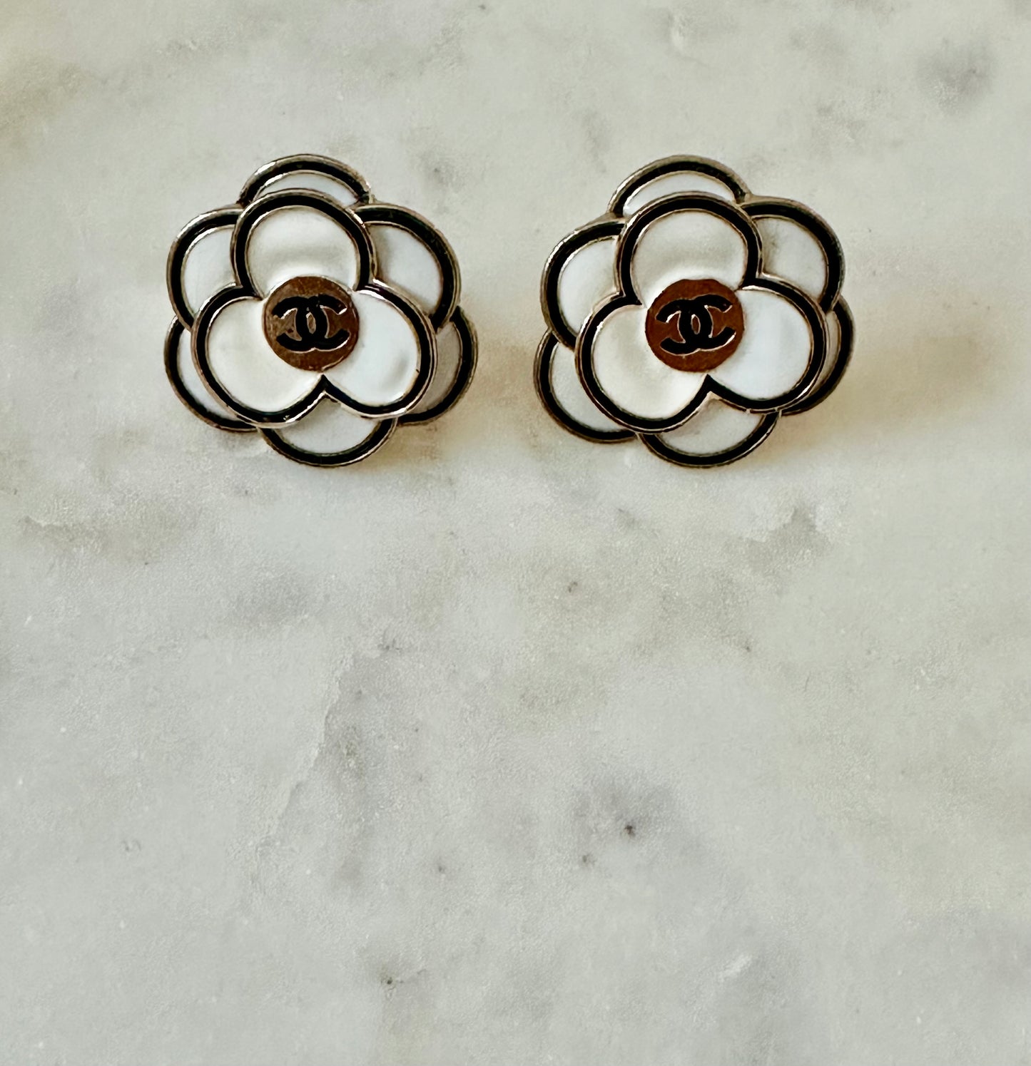 CC white Camellia button earrings