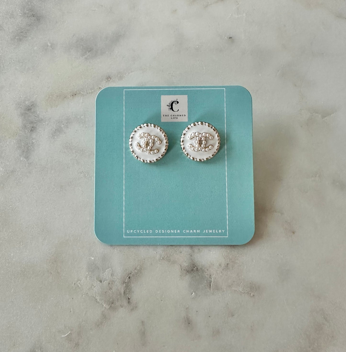 CC pearl white button earrings