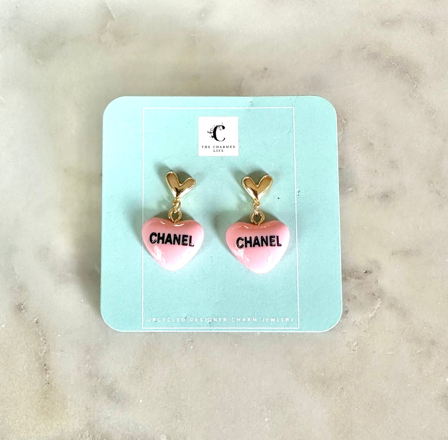 Chanel pink heart pendant earrings