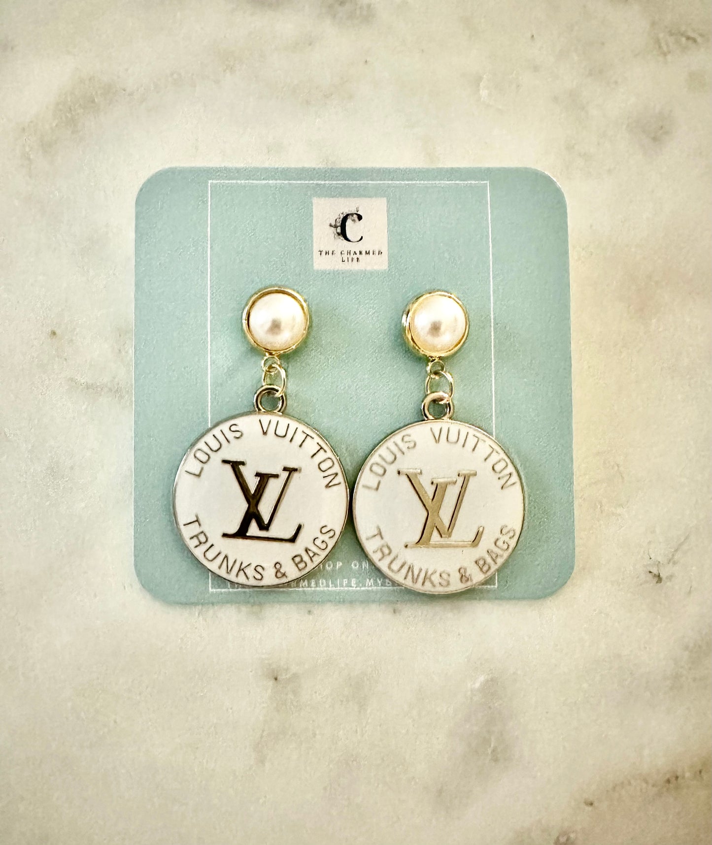 LV white trunks&bags faux pearl earrings