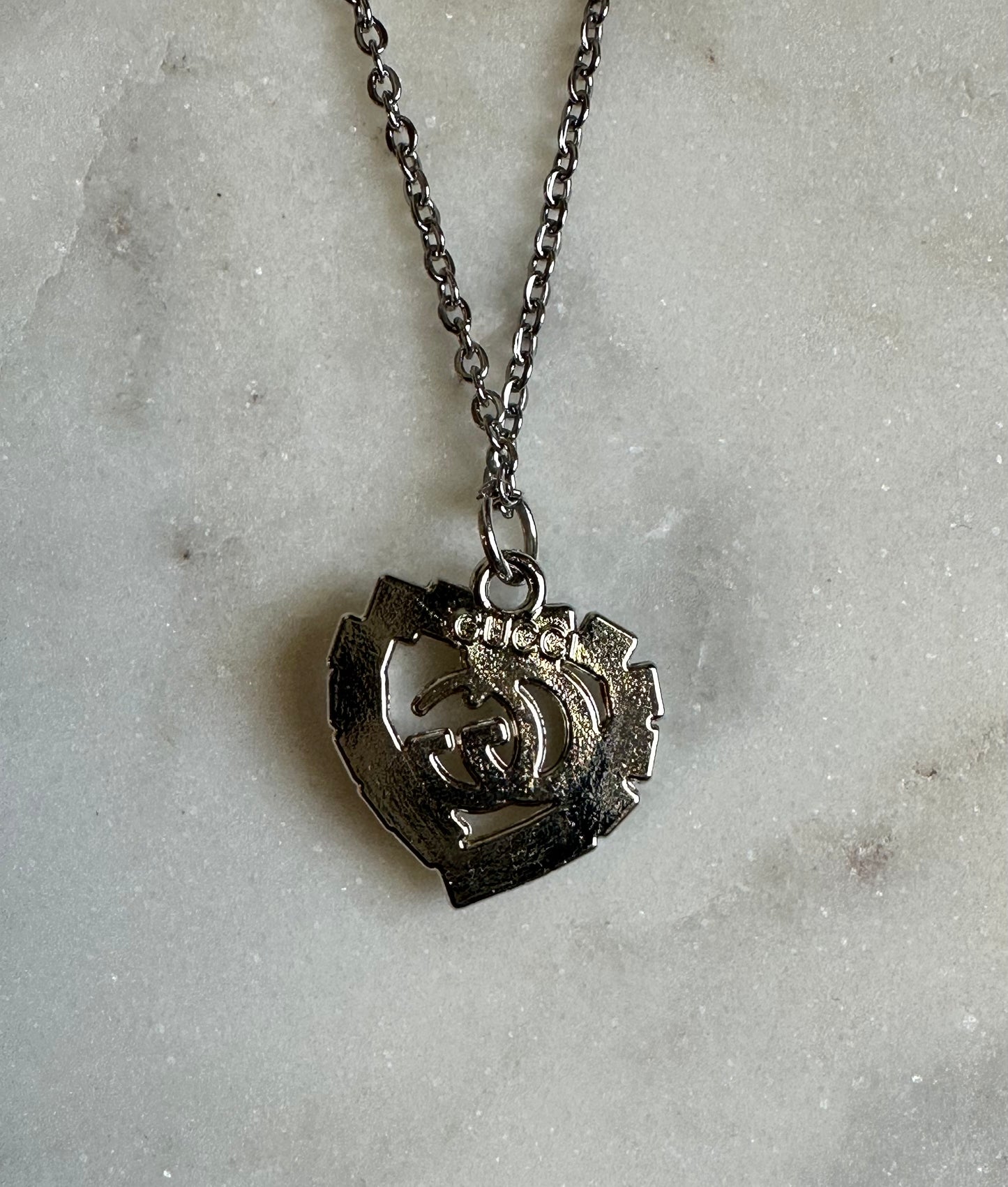 Gucci rhinestone/pearl heart necklace