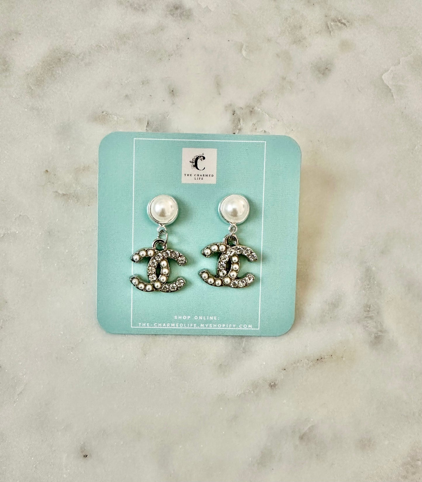 CC rhinestone/pearl silver tone earrings