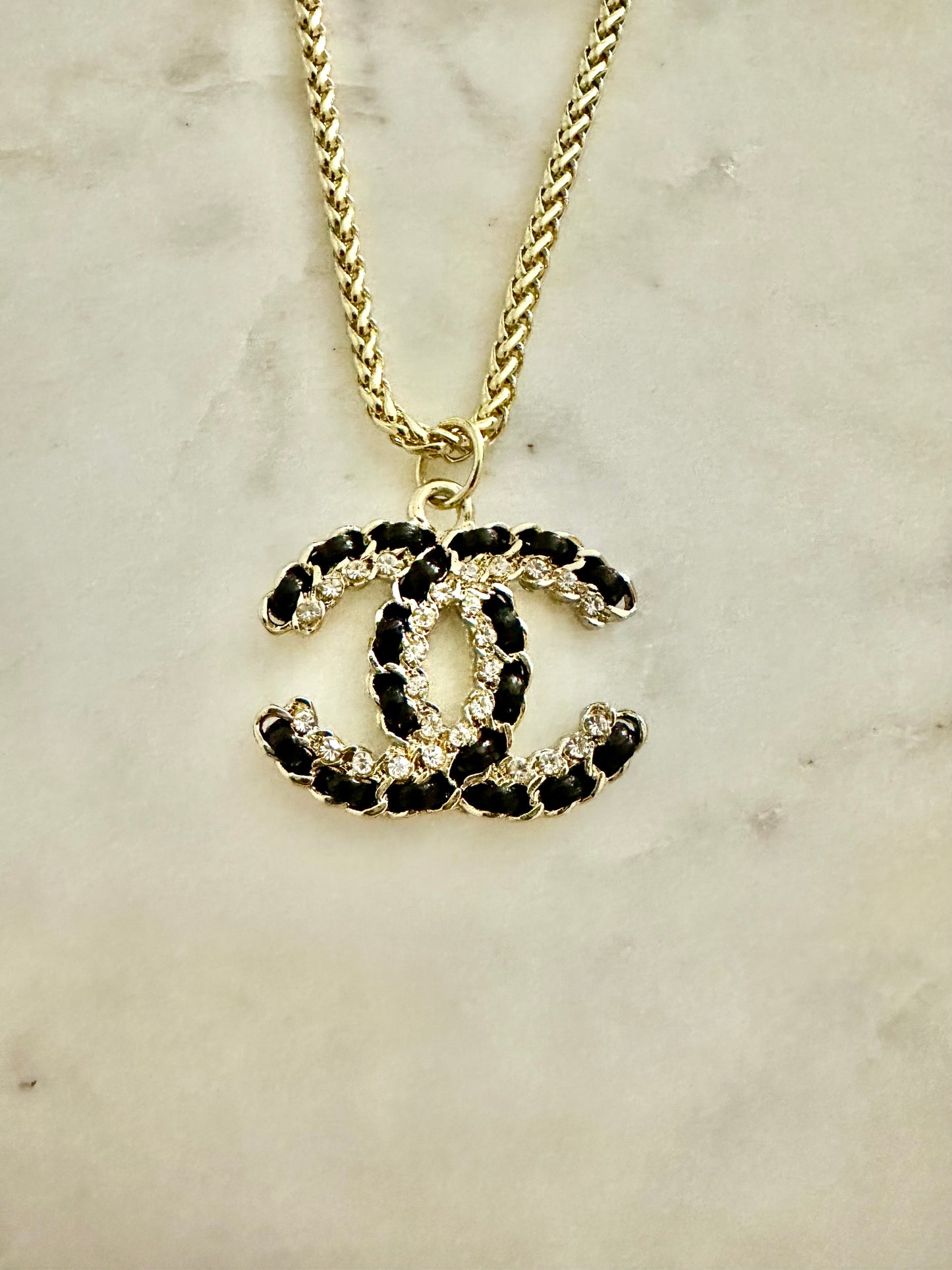 CC faux leather/rhinestone necklace