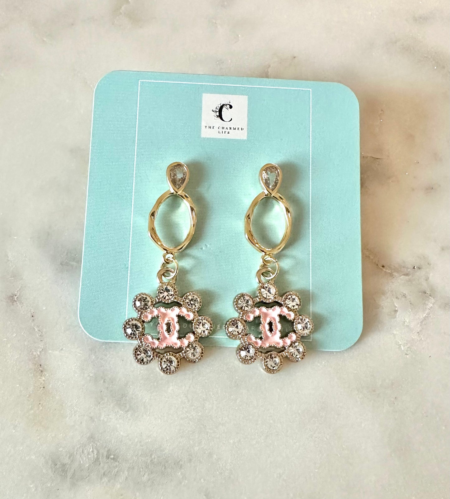 CC pink pendant earrings
