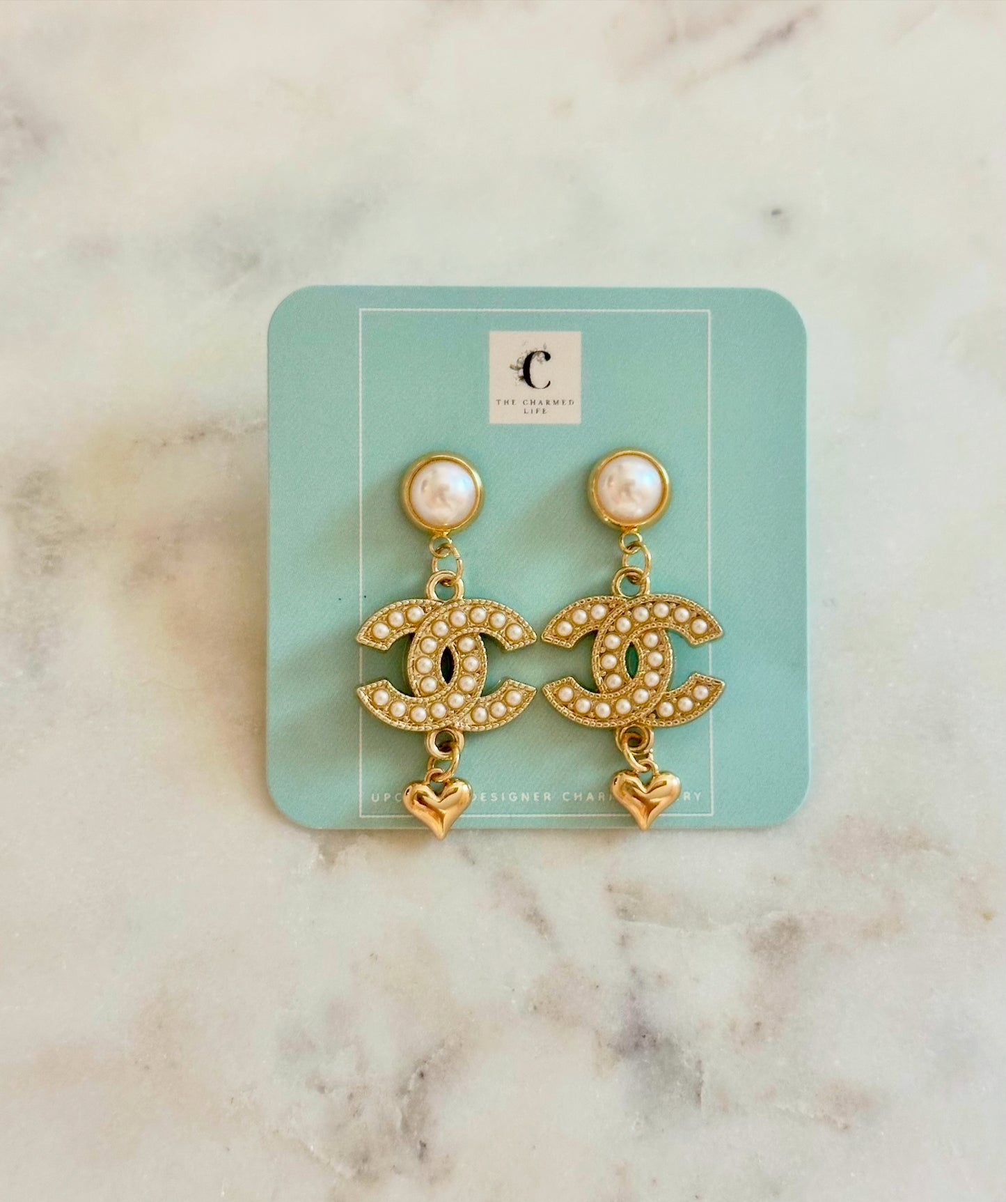 CC faux pearl heart earrings