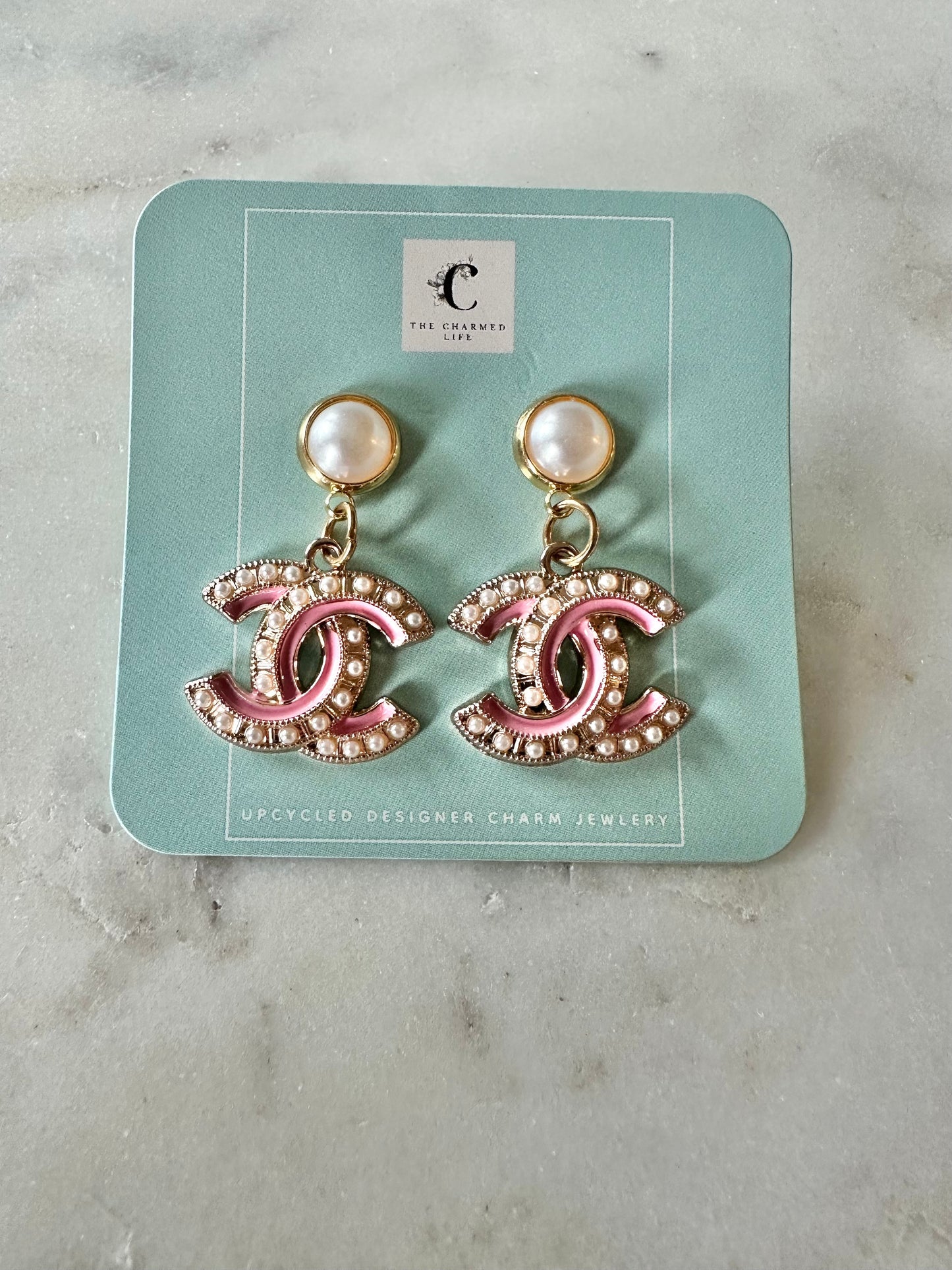 CC pink and faux Pearl pendant earrings