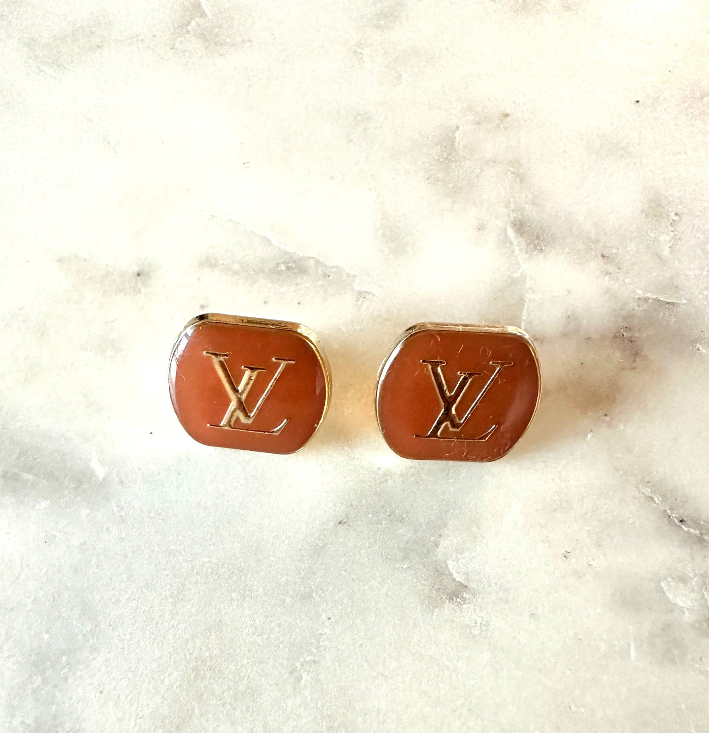 LV brown square button earrings