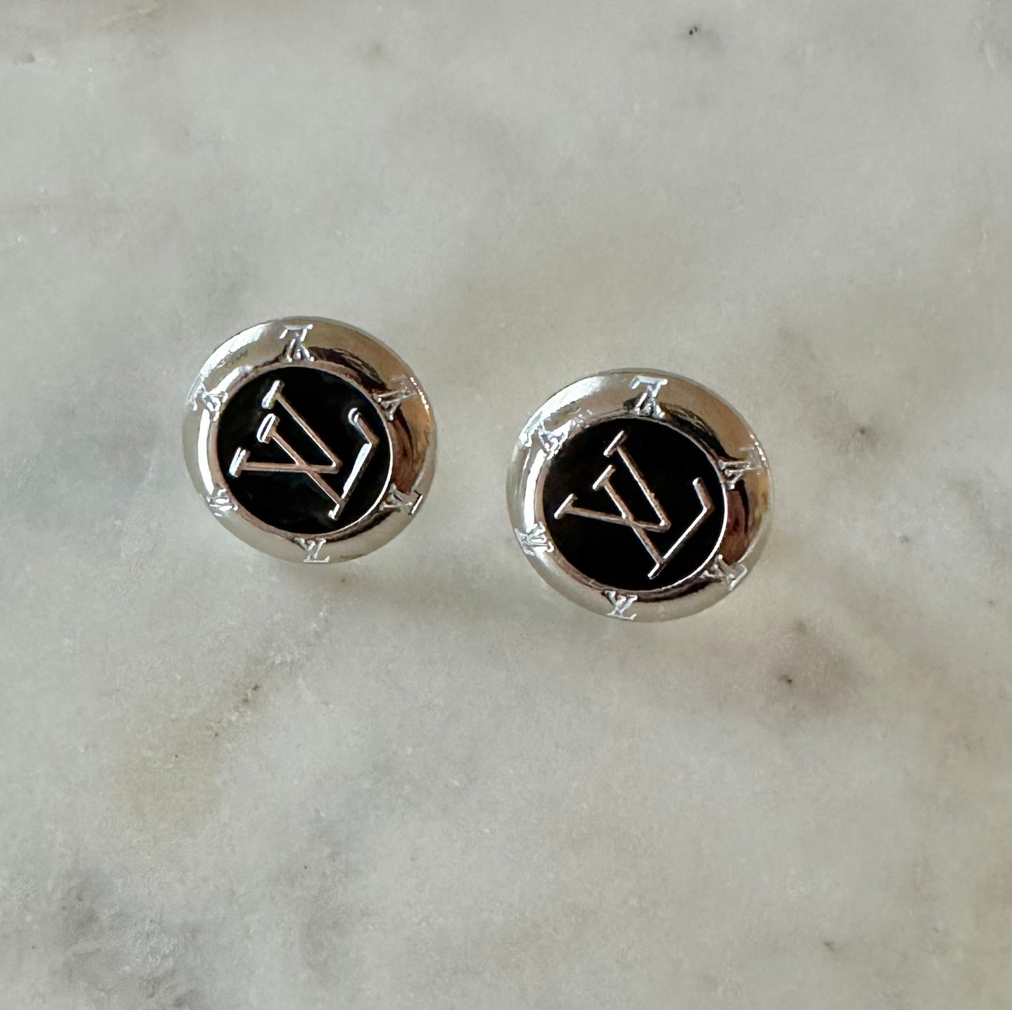 LV black and silver button earrings