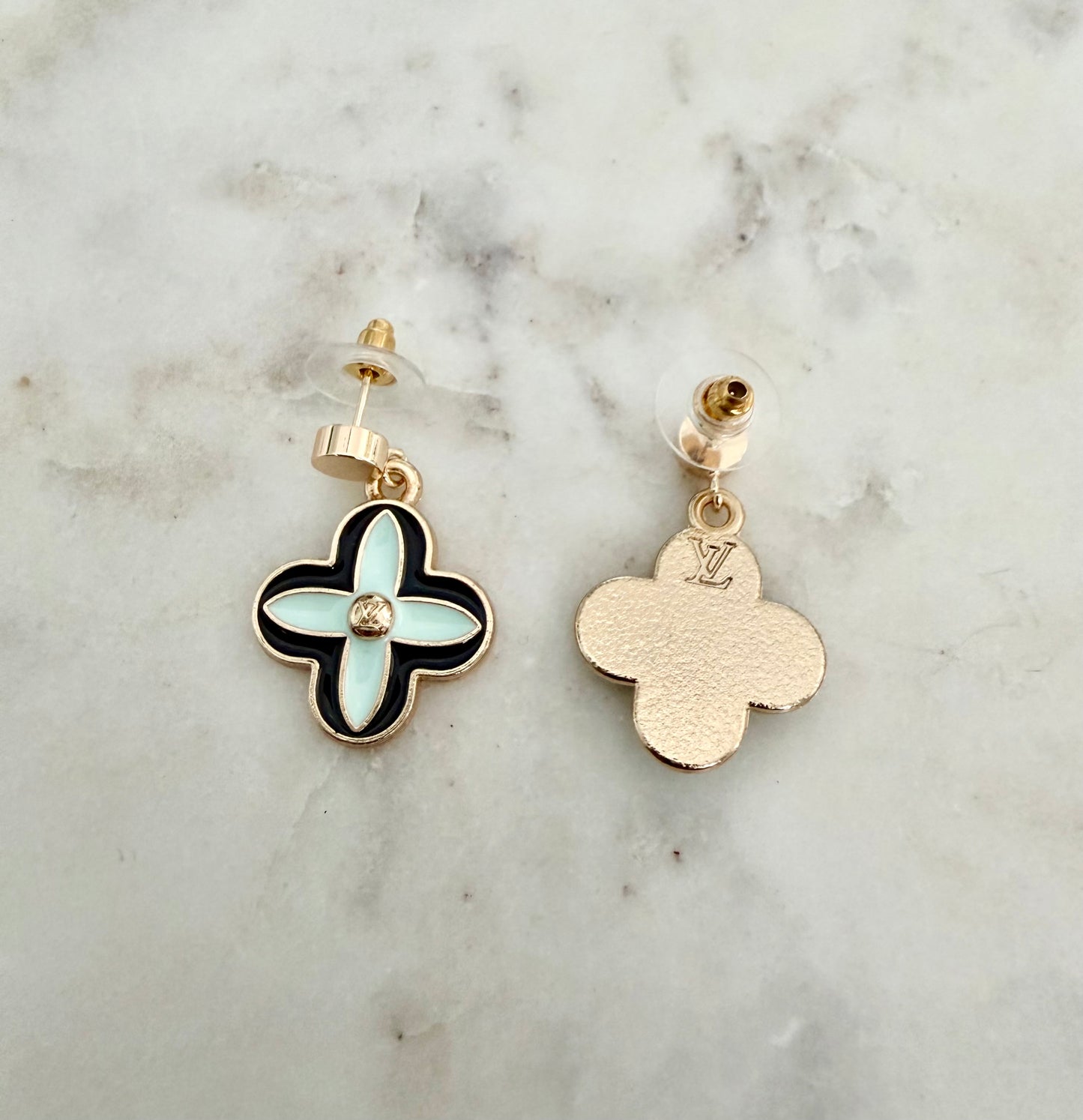 LV black and mint clover earrings