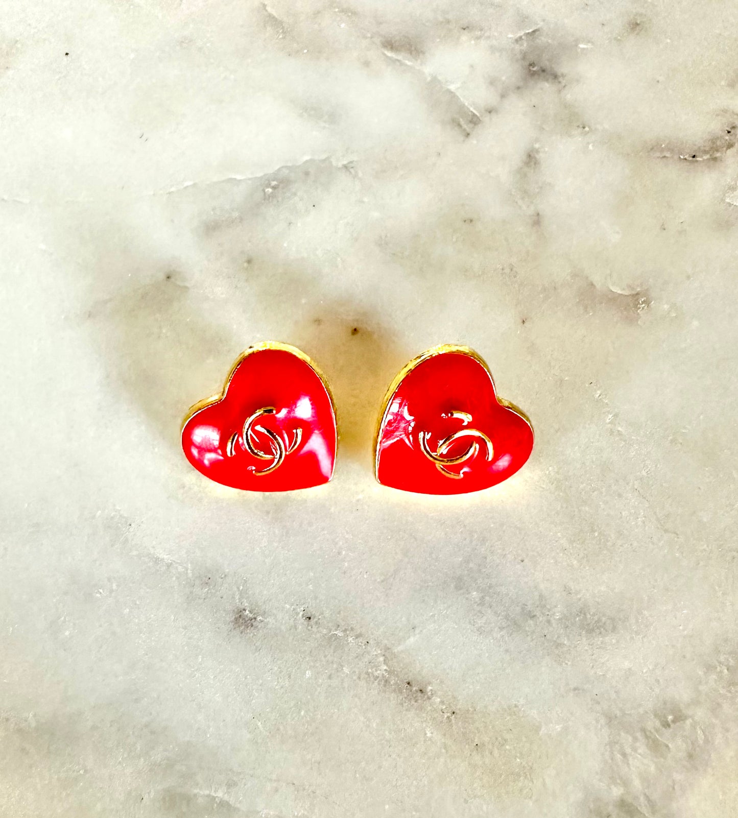 CC red heart button earrings