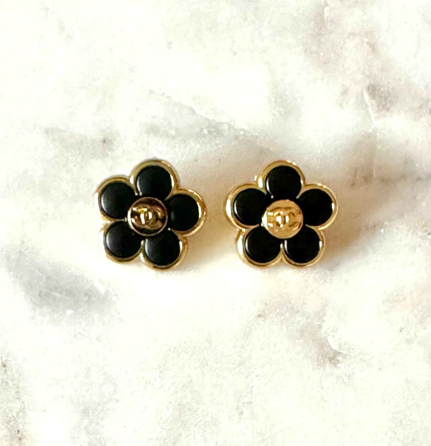 CC black flower button earrings