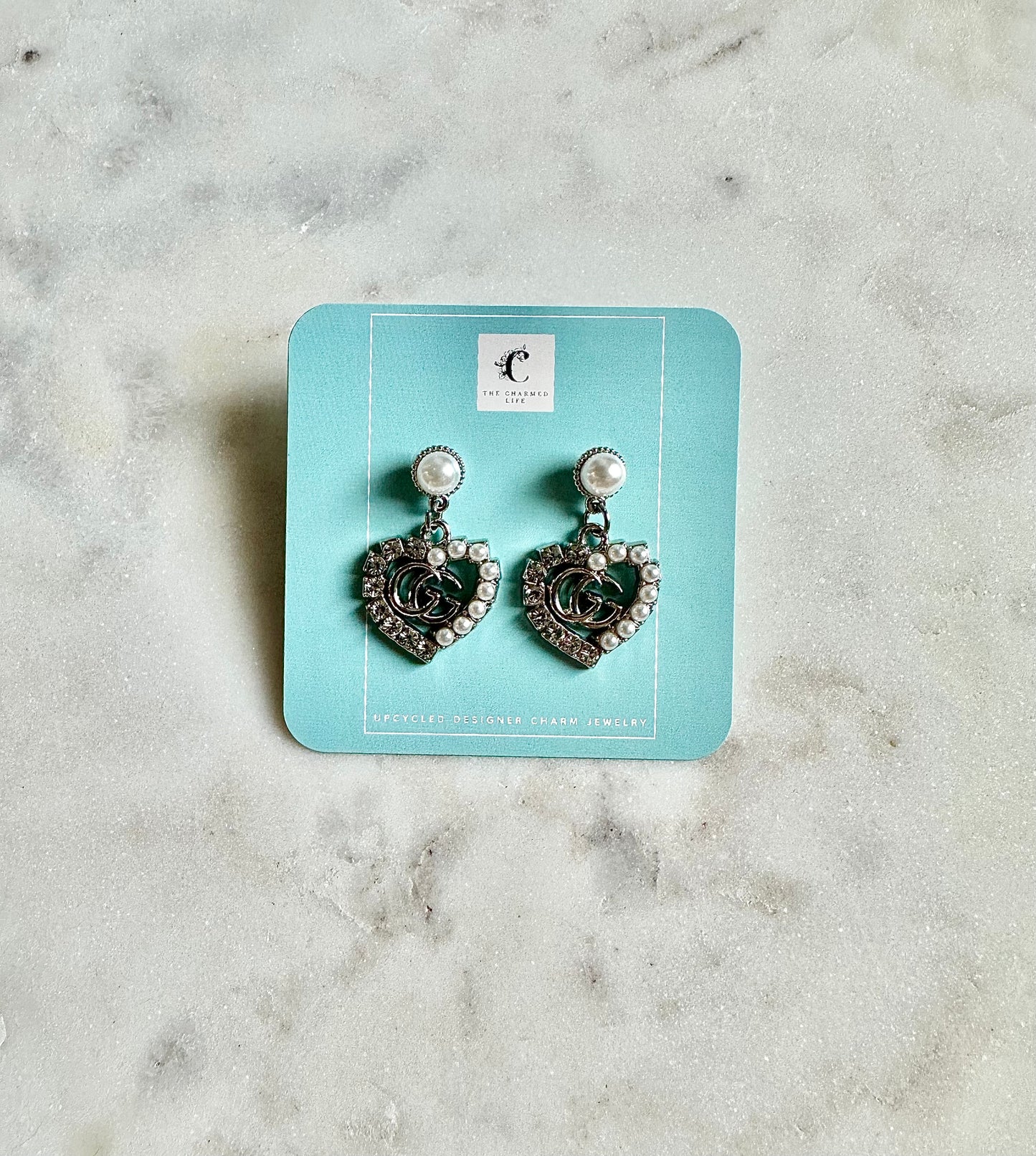 Gucci pearl&rhinestone heart earrings