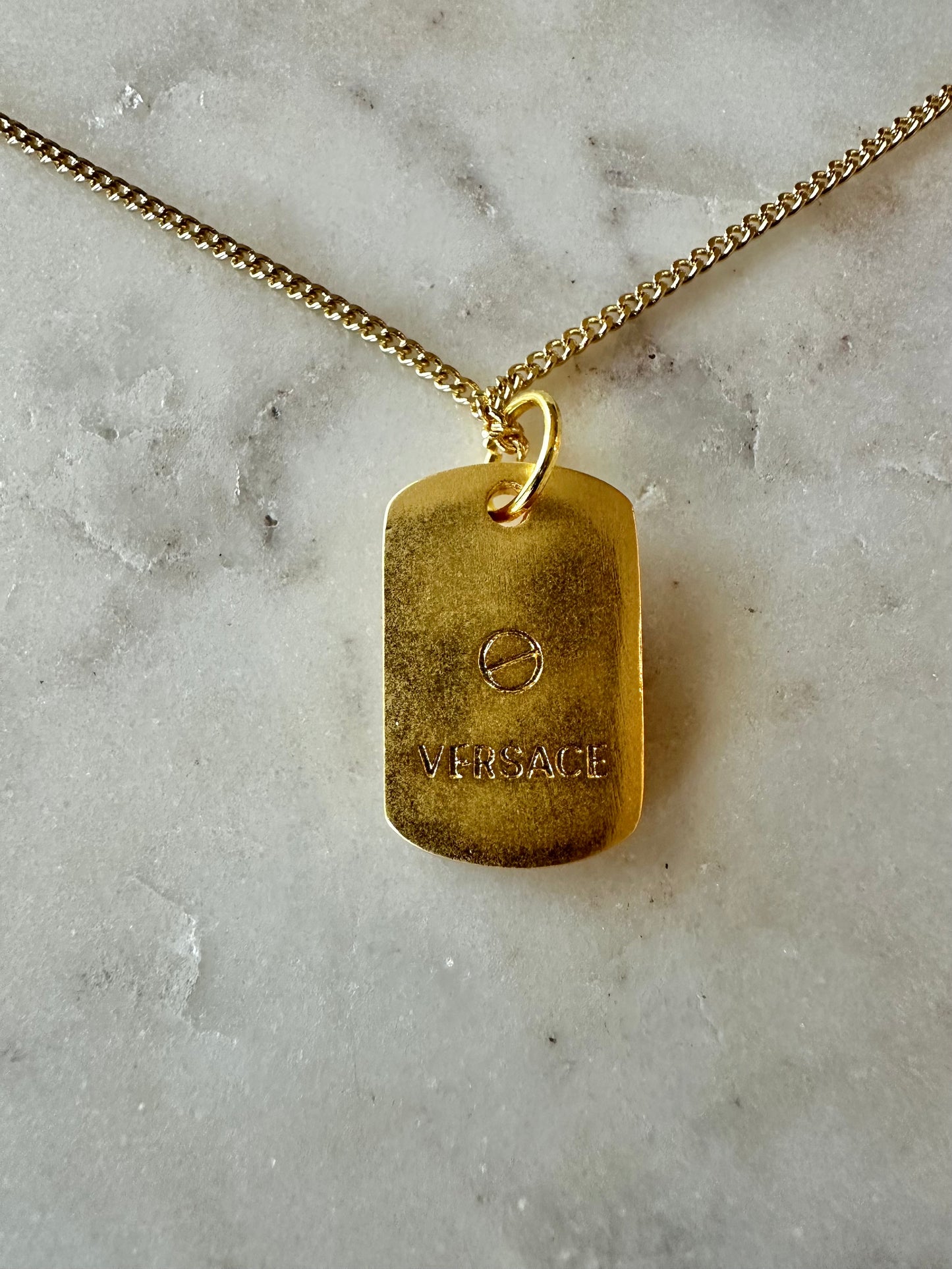 Versace rhinestone dog tag necklace 16”