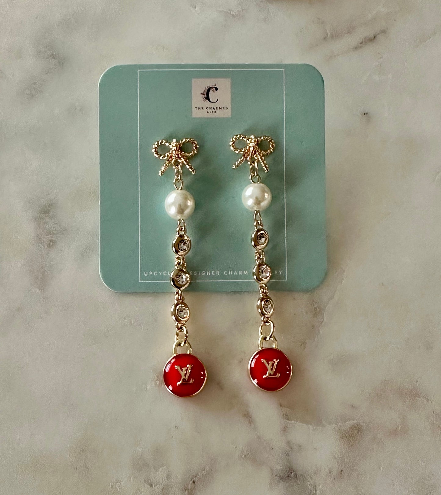 LV red and pearl drop earrings
