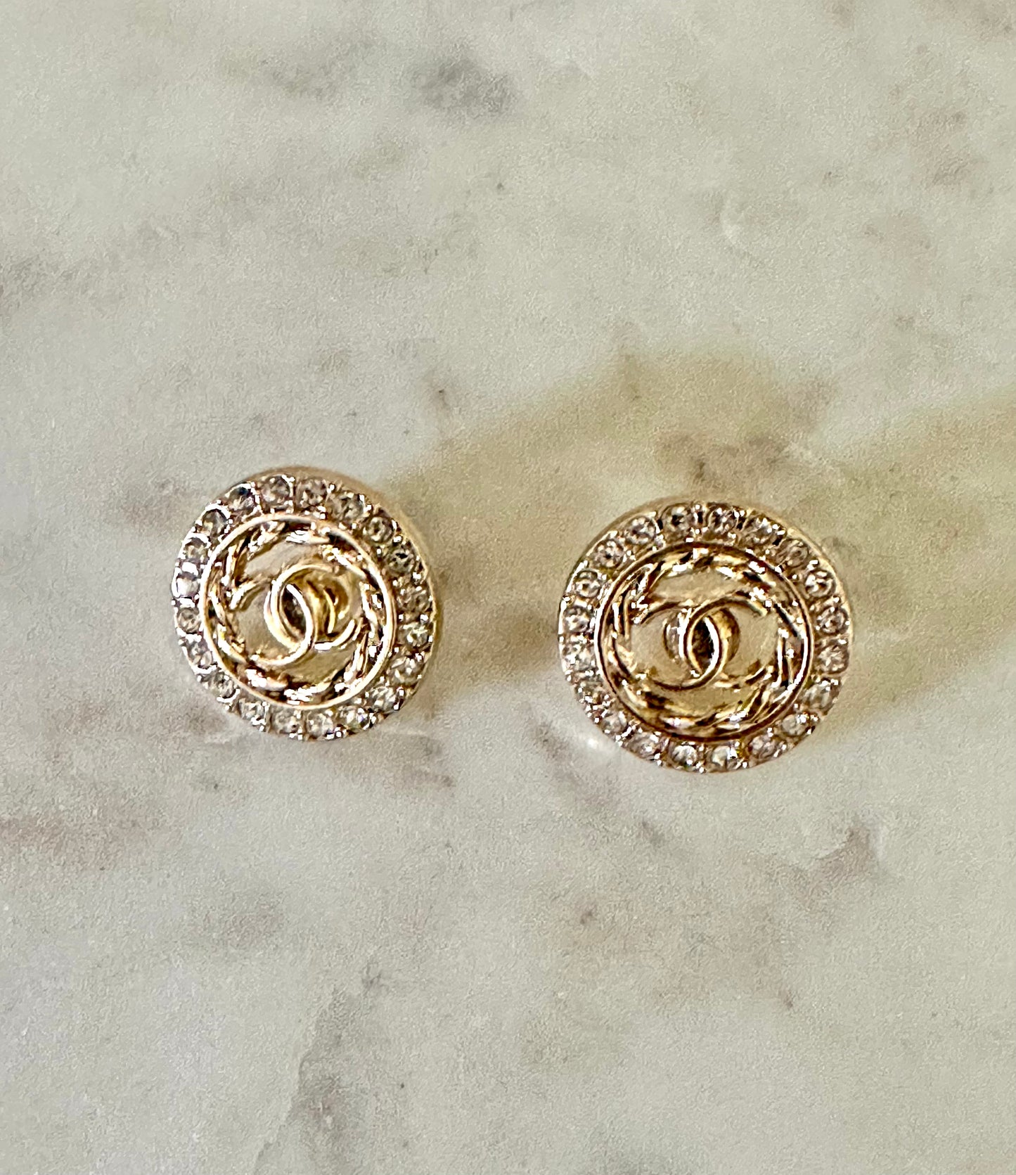 CC rhinestone gold tone button earrings