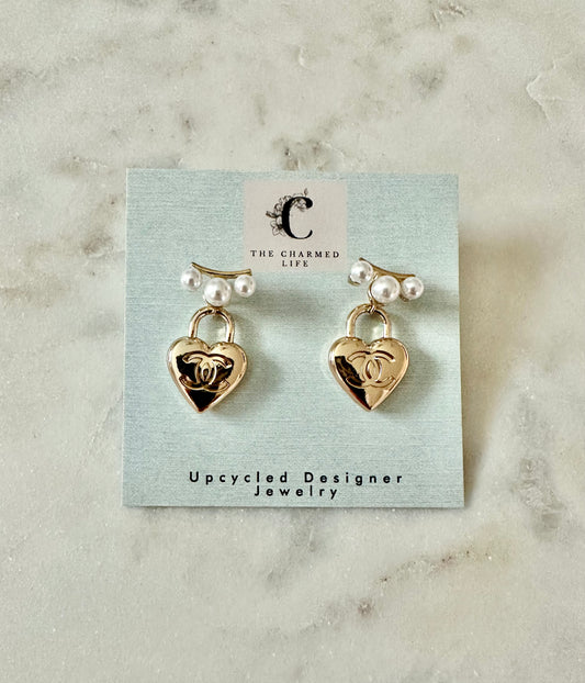 CC heart faux pearl earrings