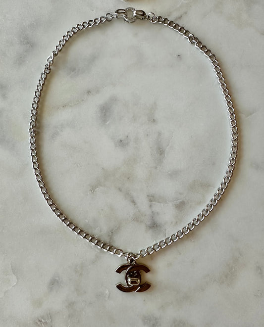 CC silver turn lock necklace 16”