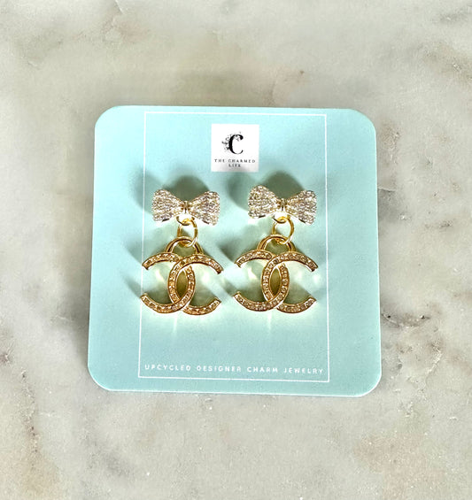 CC gold and rhinestone with bow pendant earrings