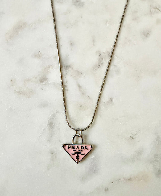 Prada pink silver tone necklace
