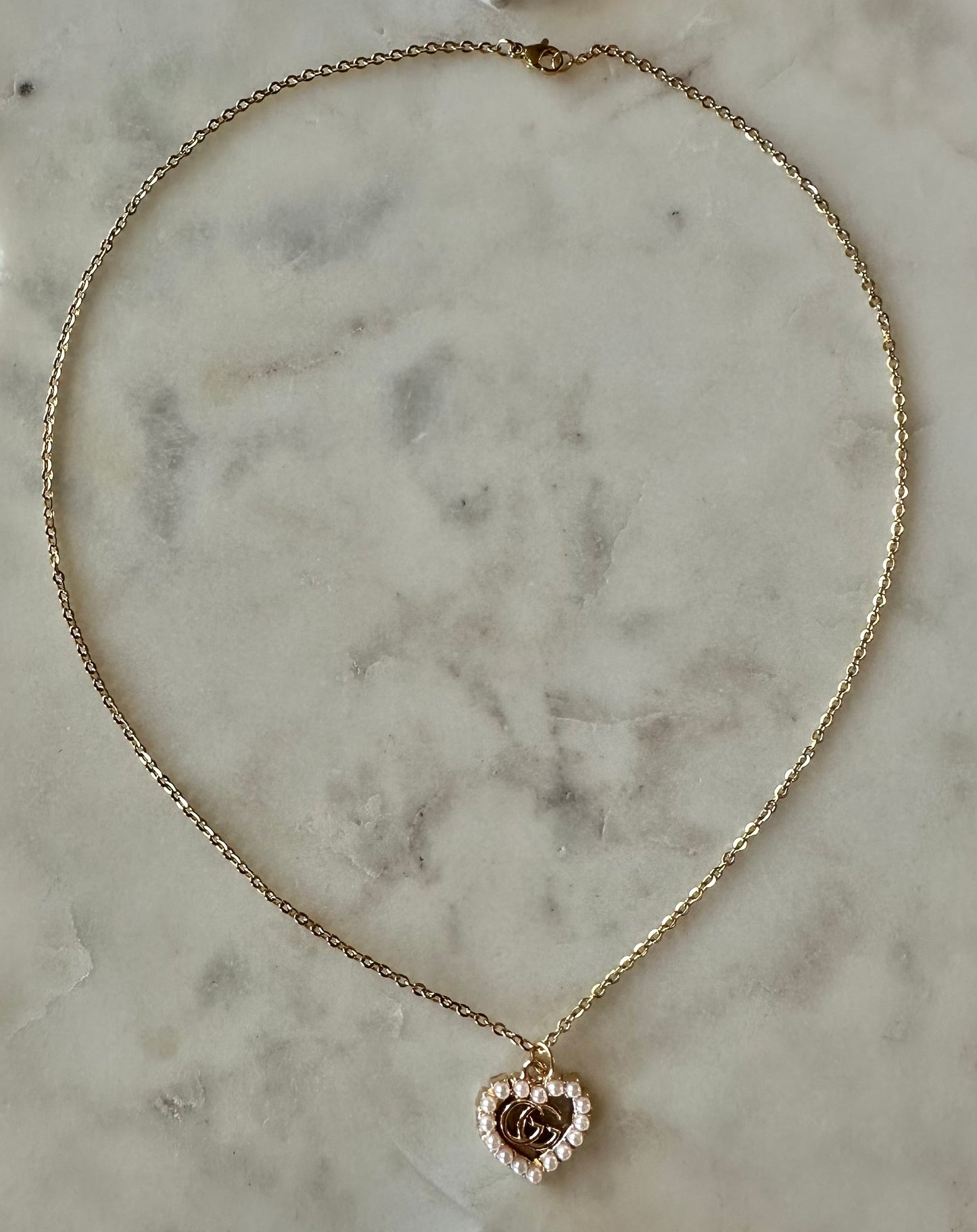 Gucci pearl heart necklace 16”