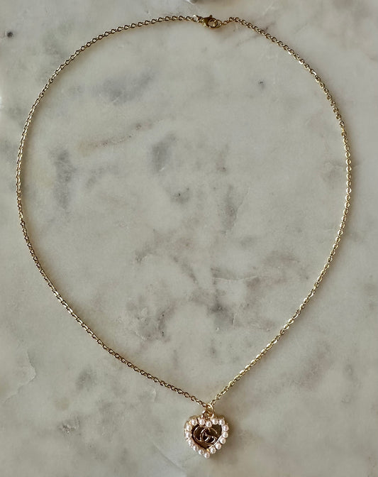Gucci pearl heart necklace 16”