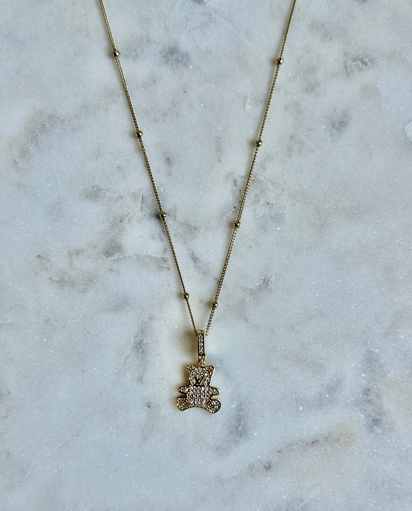 LV rhinestone teddy bear necklace