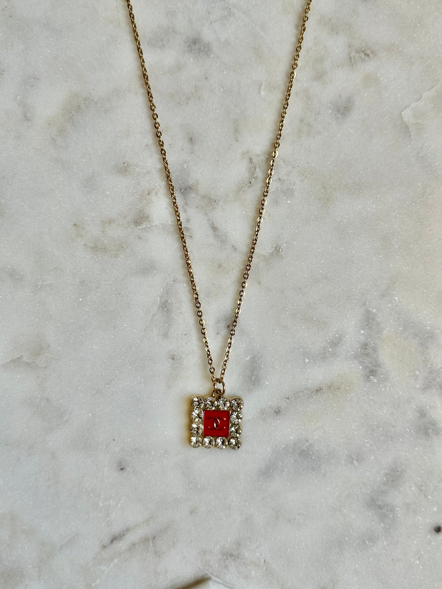 CC red rhinestone square necklace