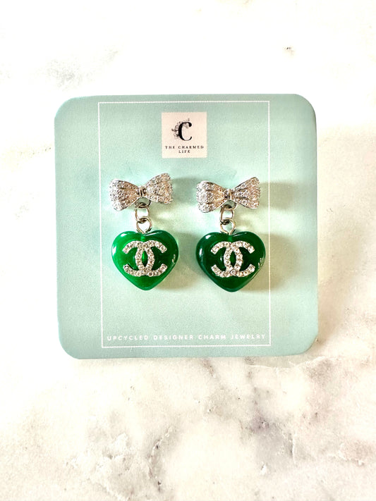 CC green heart bow pendant earrings