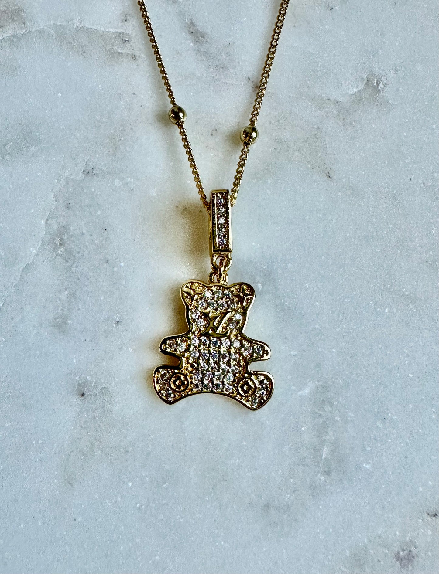 LV rhinestone teddy bear necklace