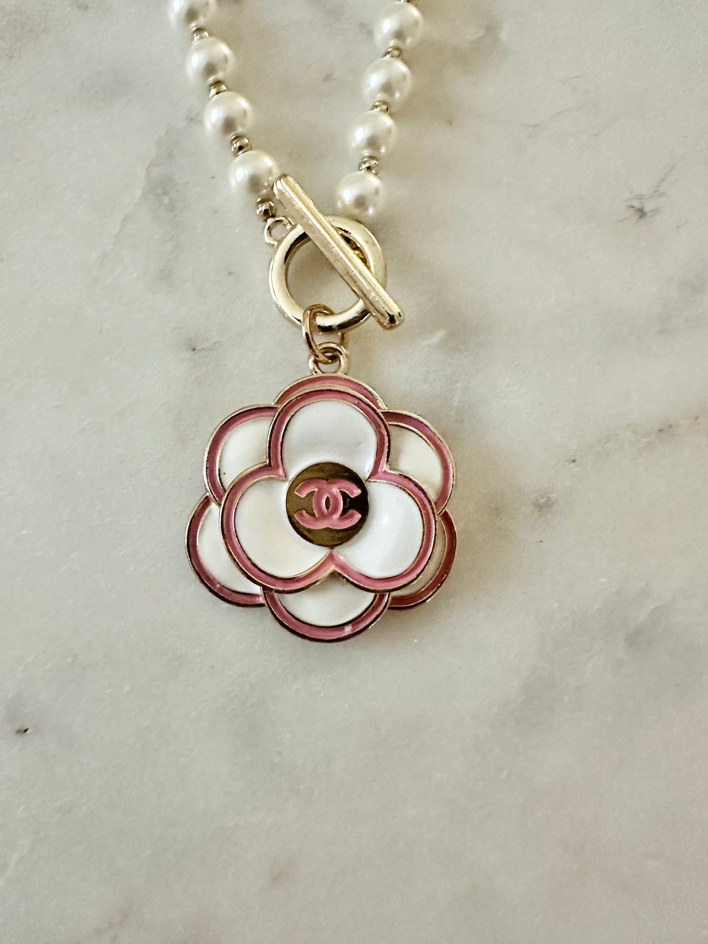 CC faux pearl camellia flower necklace 16”
