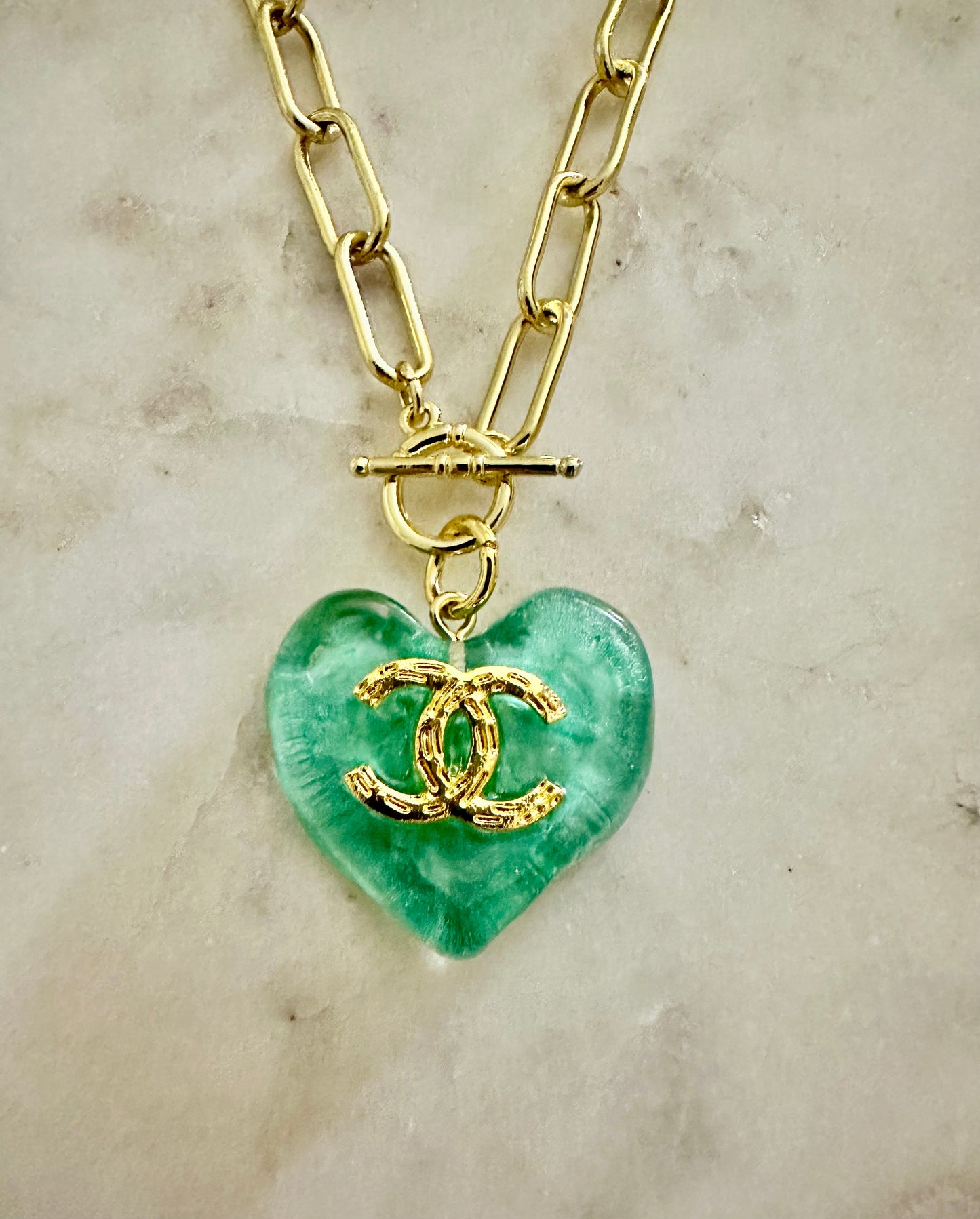 CC green heart paper clip necklace