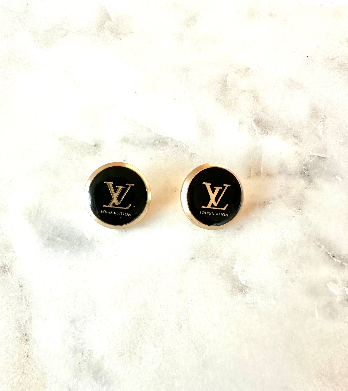 LV black round button earrings