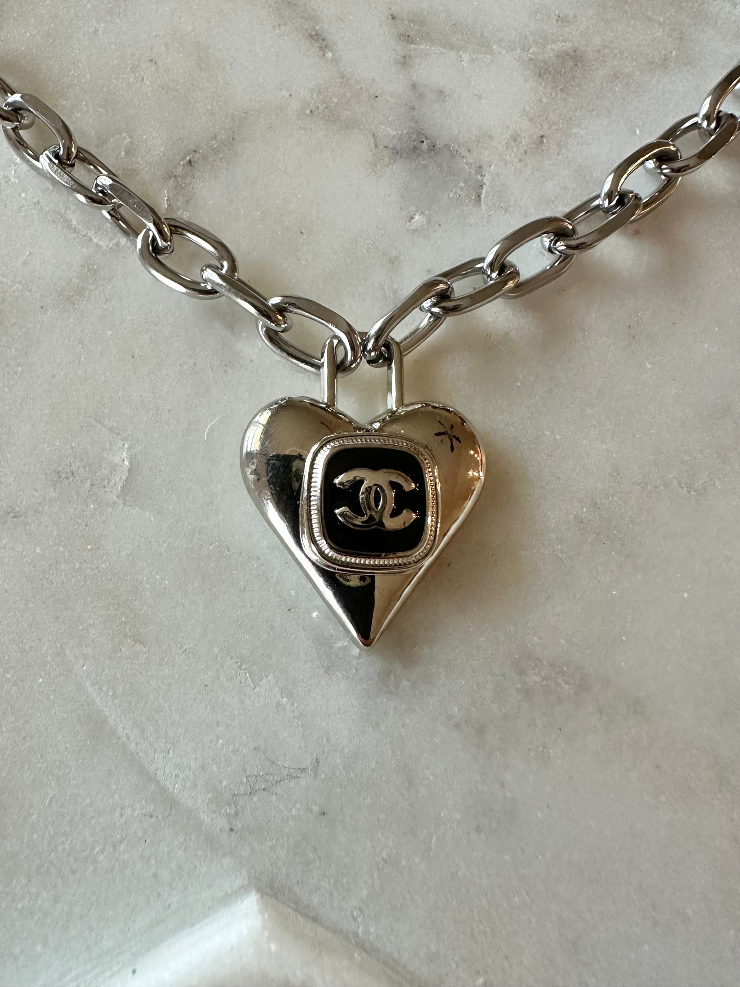 CC heart lock silver tone necklace 16”