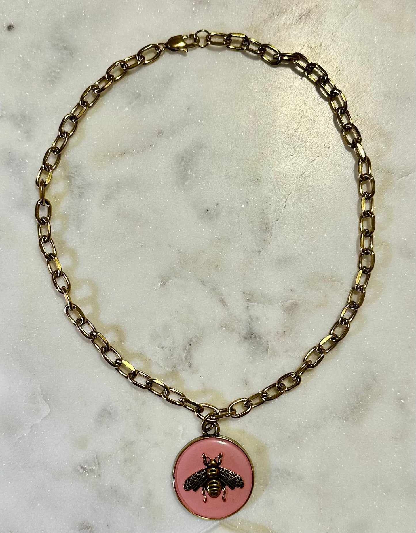 Gucci pink bee medallion necklace