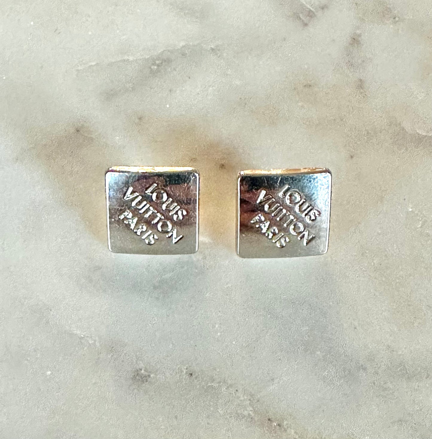 LV mini silver square button earrings