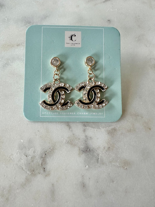 CC black and rhinestone pendant earrings