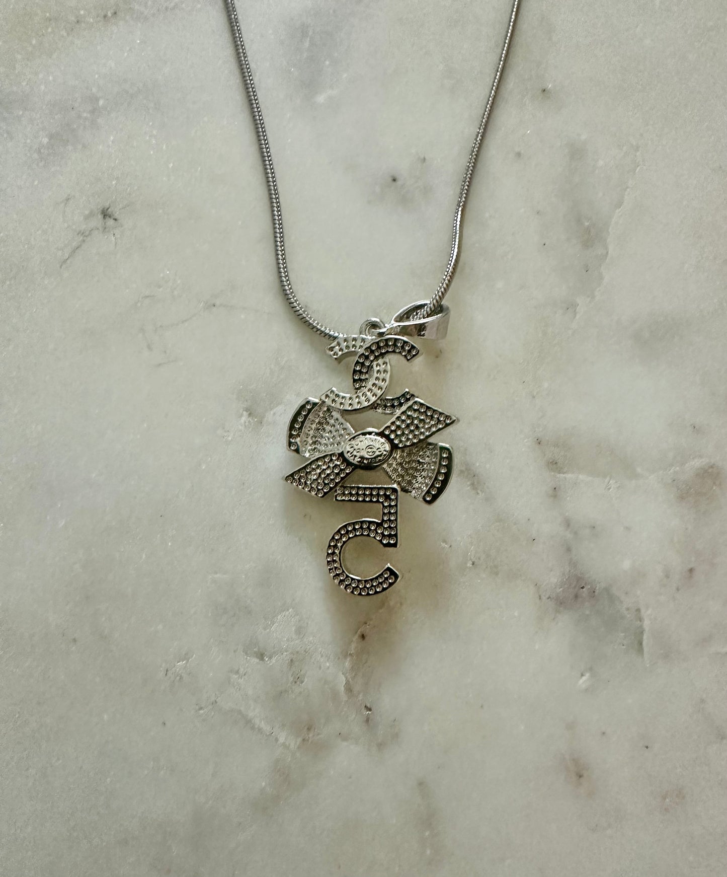 Chanel #5 rhinestone and faux pearl necklace