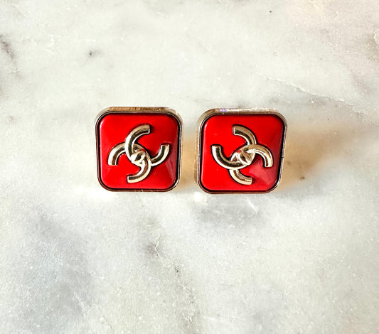 CC red turn lock button earrings