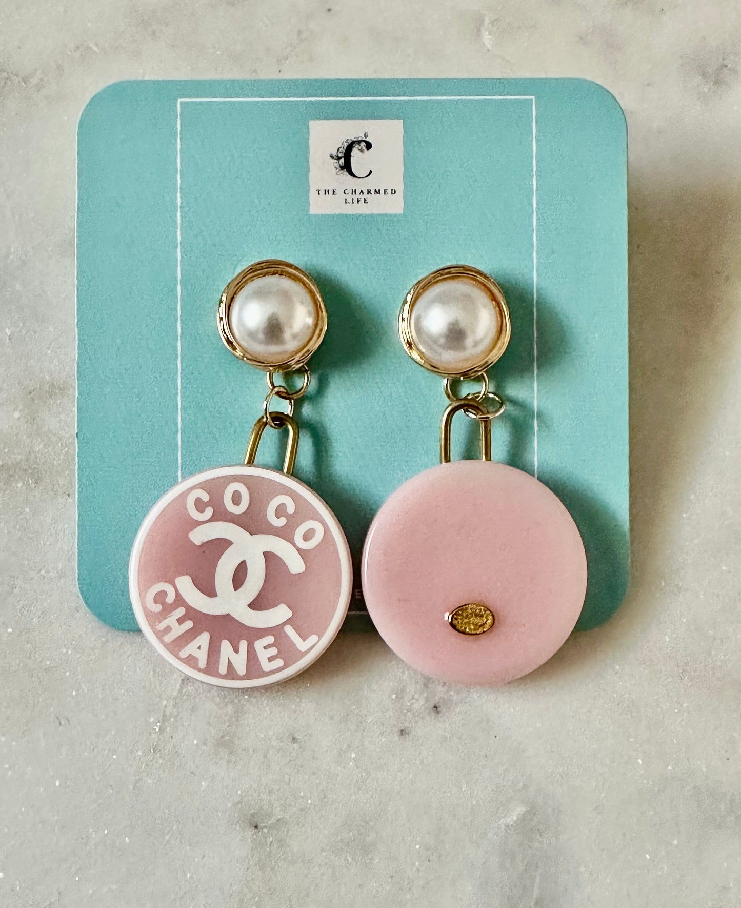 CC pink resin pearl earrings