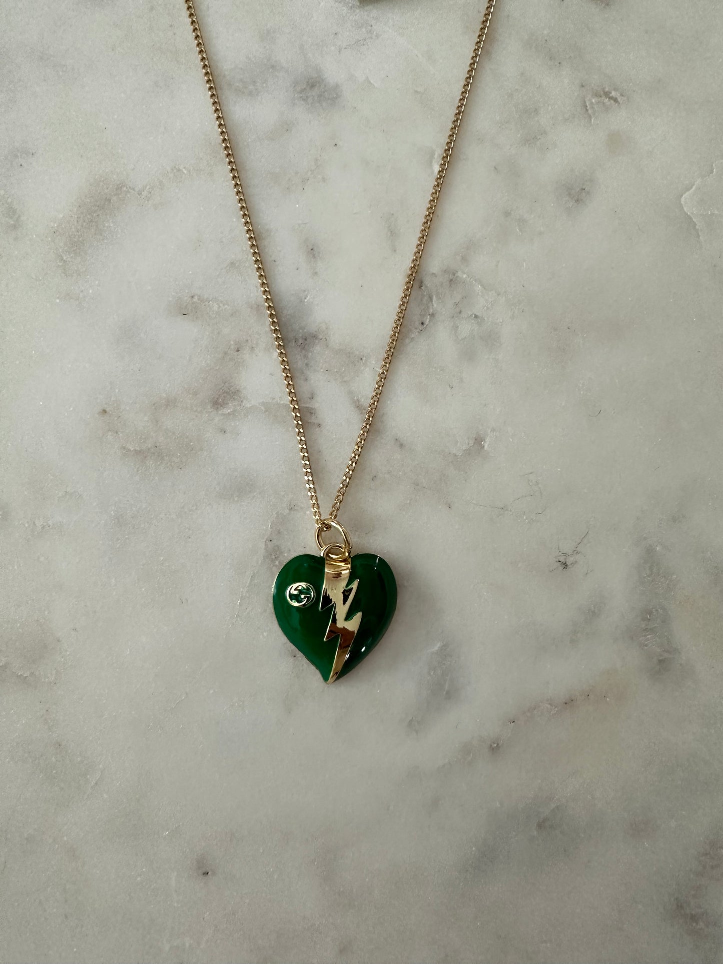Gucci green lightening bolt heart necklace