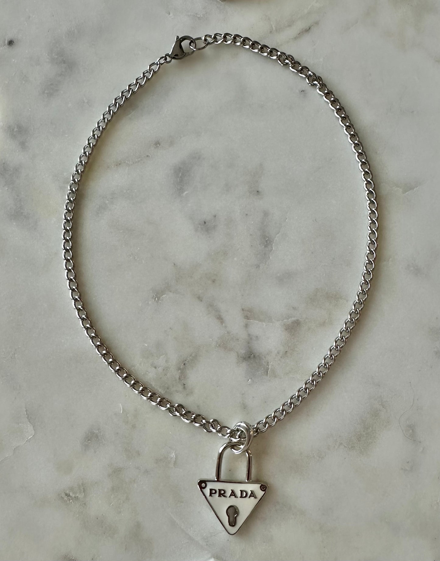 Prada white lock necklace 16”