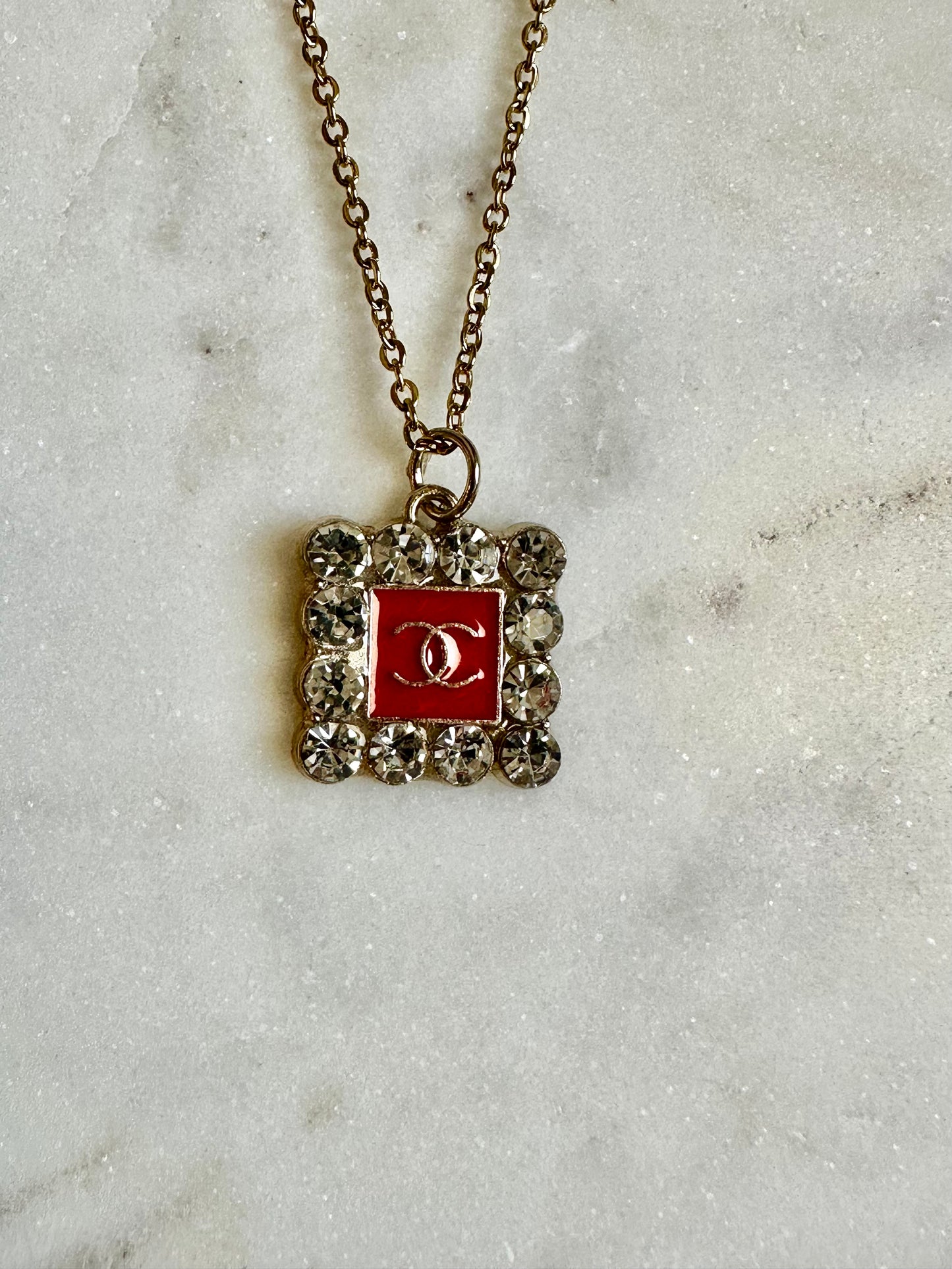 CC red rhinestone square necklace