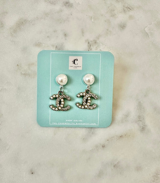 CC rhinestone/pearl silver tone earrings