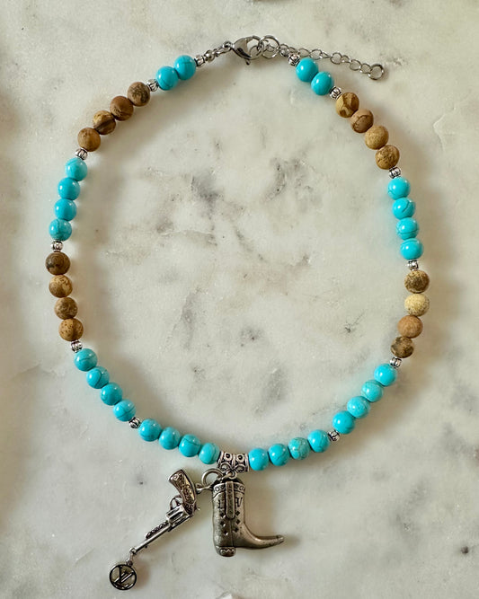 LV boots and gun beaded necklace silver tone