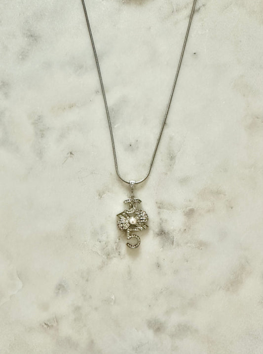 Chanel #5 rhinestone and faux pearl necklace