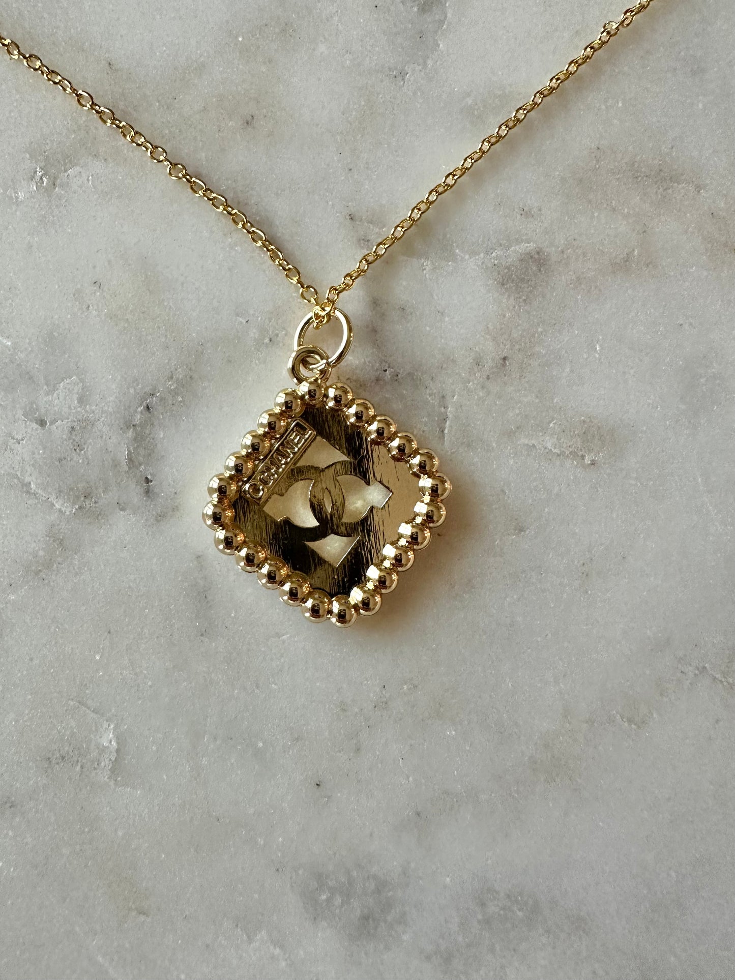 CC square faux pearl necklace 16”