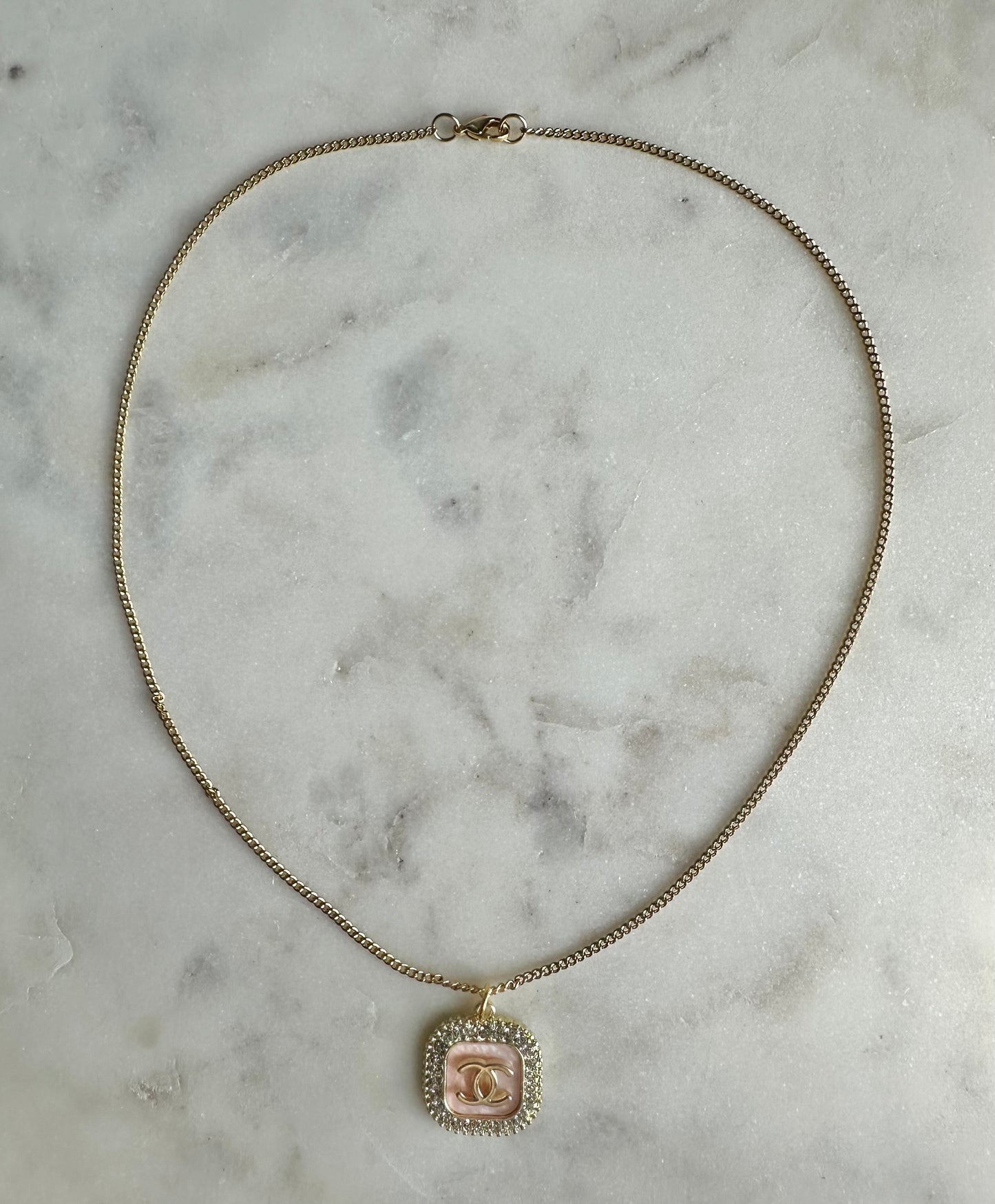 CC pink blush square with rhinestone necklace