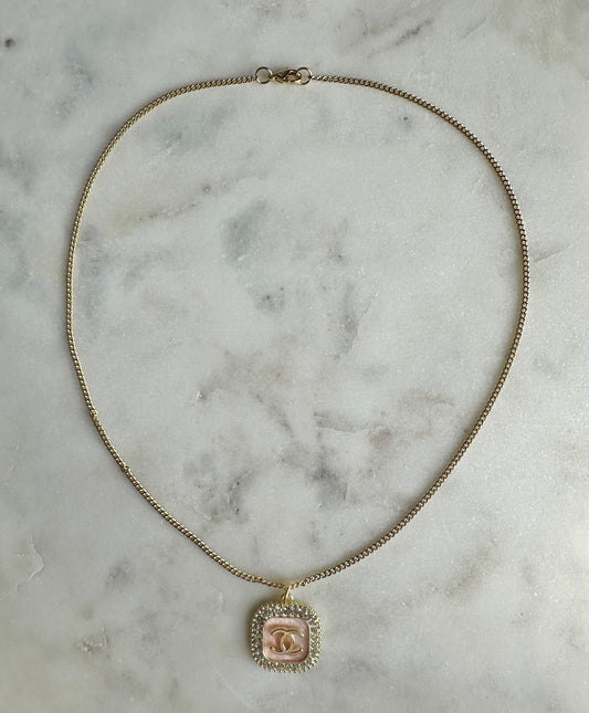 CC pink blush square with rhinestone necklace