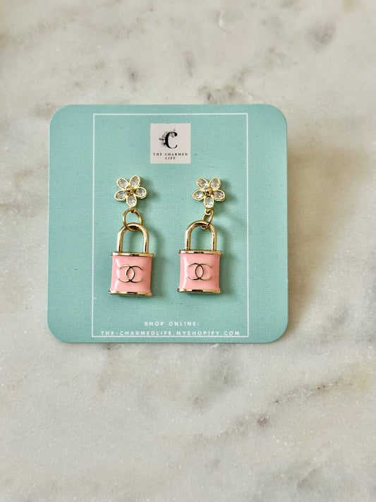 CC pink lock earrings