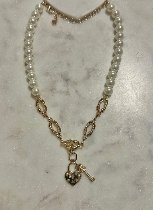 CC lock and key faux pearl necklace